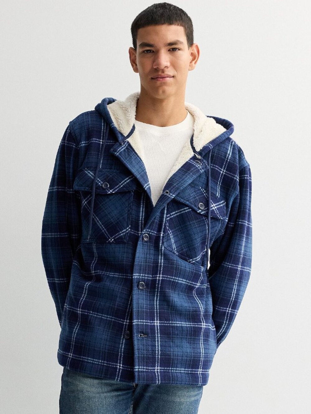 TRINITY COAST SHERPA-LINED BLUE PLAID HOODED POLAR FLEECE JACKET SZ MED NWT